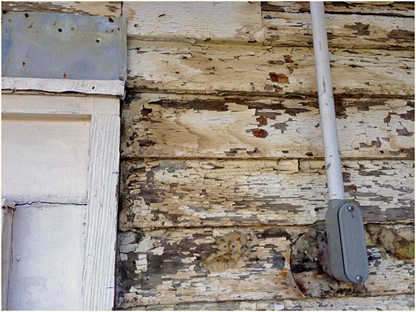 Detail of clapboard condition near the front door
